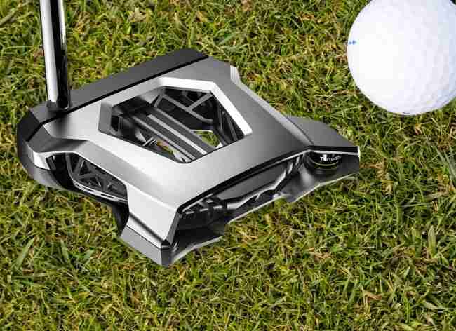 Angled view of Cobra Golf King Putter with ball.
